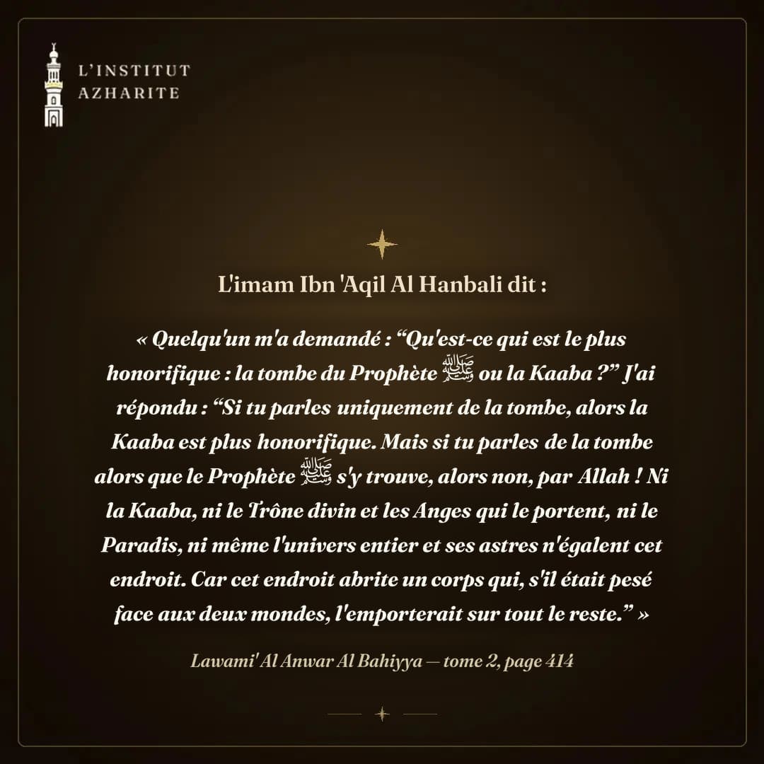 Parole de l'imam Ibn 'Aqil Al Hanbali sur l'honneur de l'endroit qui abrite le corps du Prophète ﷺ - Lawami' Al Anwar Al Bahiyya, volume 2, page 414